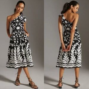 Anthropologie One-Shoulder Black and White Embroidered Floral Midi Dress Sz 2